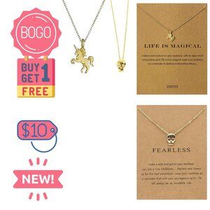 2 BOGO Gold Dipped Fearless Skull Magical Unicorn Pendant Necklaces Minimal NEW